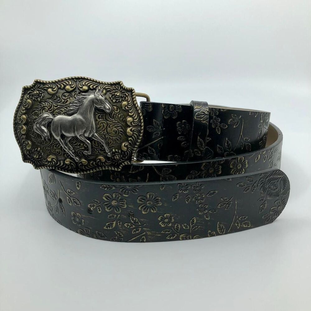 Women's Black Faux Leather Western Belt w/ Horse Buckle, 36.5-45.5 in, X7G9A966